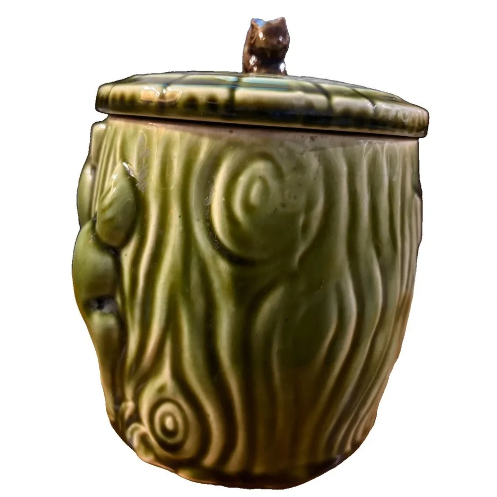 Woodland Deer Cookie Jar Ceramic Green Glaze Squirrel Lid Forest Canister Vtg